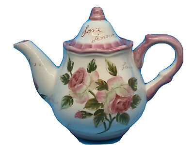 #ad Teapot Love Amore Pink Roses 3 4 Cups Collector Decor $37.00