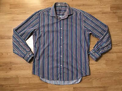 #ad Bugatchi Uomo Button Up Shirt Mens L Purple Striped Colorful Shaped Fit Stretch $9.98