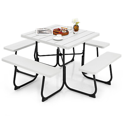 #ad Outdoor 8 person Square Picnic Table Bench Set with 4 Benches amp; Umbrella Hole $219.95