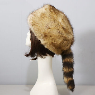 #ad Faux Fur Raccoon Tail Russian Round Flat Top Windproof Winter Fluffy Fur Caps n $12.34
