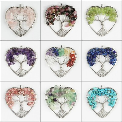 #ad Natural Amethyst Tourmaline Peridot Chip Beads Tree of Life Silver Heart Pendant $1.82