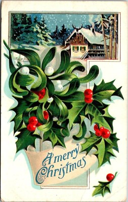 #ad Early 1900#x27;s A Merry Christmas Holly Leaves Embossed Antique Postcard B16 $12.00