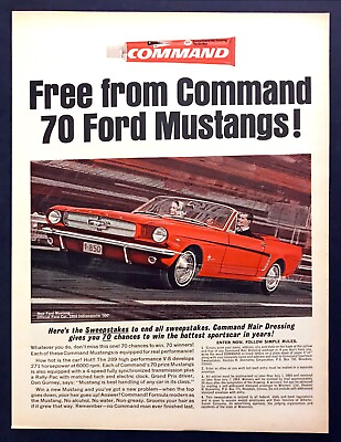 #ad 1964 Ford Mustang Convertible art Command Hair Cream Contest vintage print ad $10.39