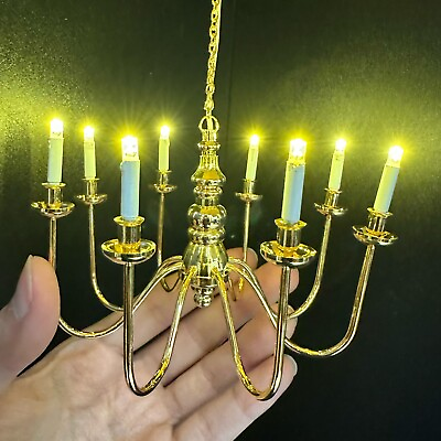 #ad Miniature BRASS 8 arms CHANDELIER LED light lamp for Dollhouse battery operated $89.95