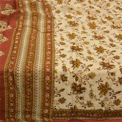 #ad Sanskriti Vintage Sarees Ivory amp; Brown Pure Cotton Printed Sari 5Yd Craft Fabric $26.27