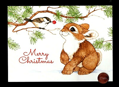 #ad CHRISTMAS LINDA K POWELL Bunny Rabbit Bird Berry Tree Greeting Card W TRACKING $3.59