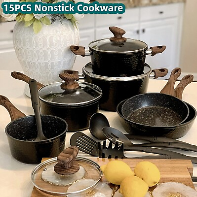 #ad 15 Piece Nonstick Induction Cooking Kitchen Cookware Sets Granite Pots and Pans $95.99