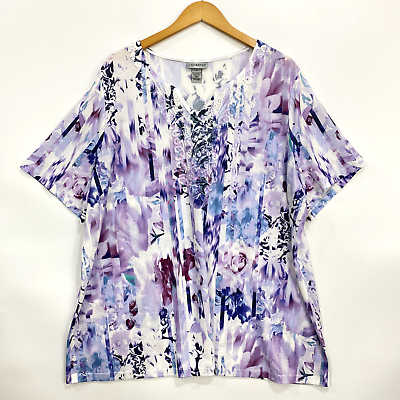 #ad Catherines Top Women#x27;s 2X White Lavender Floral Short Sleeve Boho Casual Wear $24.95