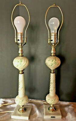 #ad Vintage Mid Century pair of hand painted glass and marble table Lamps Italy 25quot; $140.00