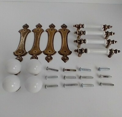 #ad Lot VTG Keller Brass White Ceramic Porcelain Drawer Cabinet Knob Pulls Plates $27.19
