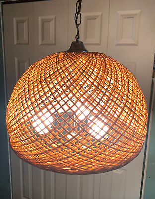 #ad Vintage Hanging Swag Light Pendant Lamp Wicker Rattan 17 x 15 Shade 3 Bulb BoHo $119.99