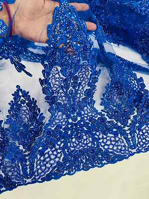 #ad Heavy Bead Floral Fabric Royal Blue Beaded Flower Design Fabric by Yard $99.36