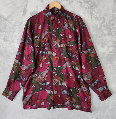 #ad Vintage Stone Silks Shirt Mens Medium Geometric All Over Print Maroon AOP 100% $29.95