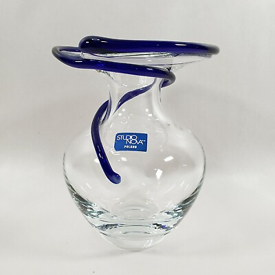 #ad #ad Vintage Studio Nova POLAND Glass Vase Mid Century Modern with Blue Glass Accent $12.99