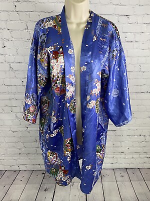 #ad Vintage Japanese Kimono Style Open Front Robe Purple Floral Pockets One Size $29.90