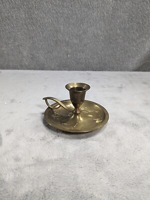 #ad Vintage Solid Etched Brass Small 3x4 Finger Hole Handle Candle Holder $14.98