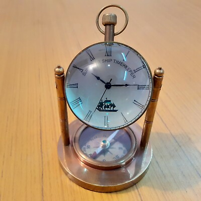 #ad Brass Desk Clock Marine Compass Table top Decorative $26.10