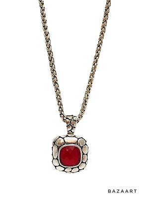 #ad Red Faceted Square Pendant Silver Tone Chain Necklace 20” Faux Stone Fashion $9.49