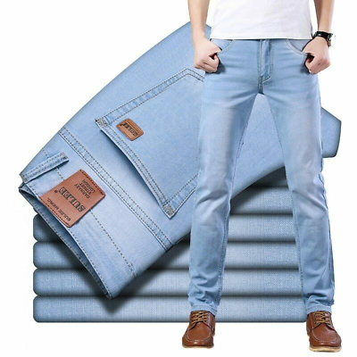 #ad Classic Men Spring Jeans Business Casual Light Blue Stretch Cotton Jeans Trouser $41.71
