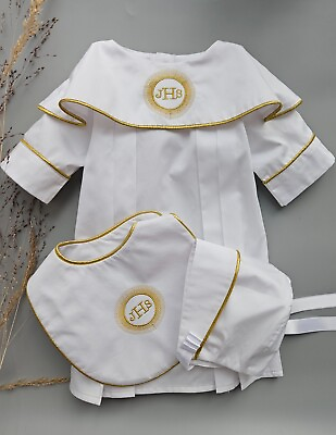 #ad Baby Satin Baptism Outfit Soutane Gown Floral Gold Embroidery Christening Set 57 $228.99