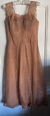 #ad Vintage Peach Lace Dress Sleeveless Tulle Sweetheart Neckline Lined S Scallop $149.95