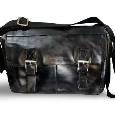 #ad Fossil Mason Black Leather Messenger Laptop Bag Large Crossbody Strap $72.00