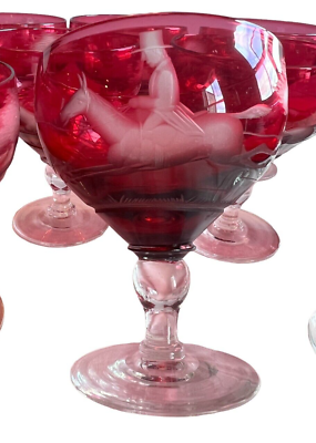 #ad Cranberry Glass Ruby Etched Rummer Wine Goblet Fox Hunt Scene Set of 12 Antique $764.50