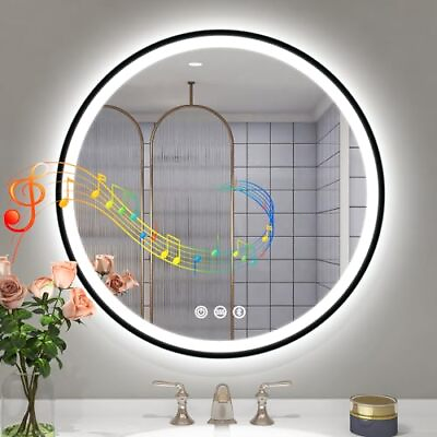 #ad Black Round Bathroom LED Mirror with Light and Bluetooth 3 Color Dimmable A... $252.19