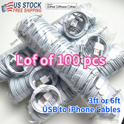 #ad Wholesale Bulk 100 Lot 3Ft 6Ft USB Cable For Apple iPhone 14 X 8 7 Charger Cord $137.99