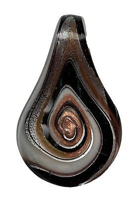 #ad Vintage Murano Style Lampwork Tongue Swirl White Black Dark Gold Glass Pendant $13.50