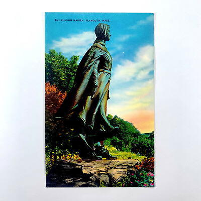 #ad Postcard Massachusetts Plymouth MA Pilgrim Maiden Statue Monument 1940s Linen $1.00