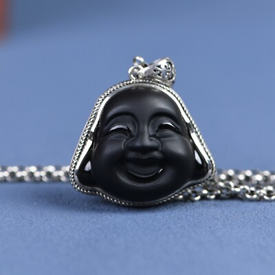 #ad I05 Pendant Buddha Maitreya B Black Obsidian Sterling Silver 925 $136.55