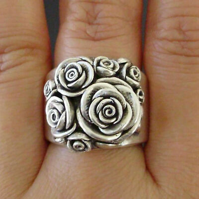 #ad Boho 925 Sterling Silver Women Fashion Vintage Style Rose Flower Ring Size 11.5 $13.74