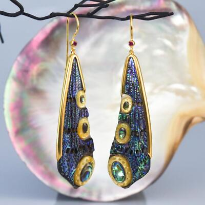 #ad Dragonfly Wing Earrings Abalone Carving Gold Vermeil Sterling Silver Ruby 12.35g $99.00
