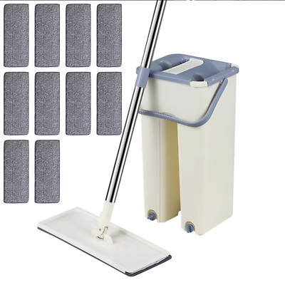 #ad 360° Flat Floor Mop Bucket Set Self Cleaning Wet Dry Usage 10 Microfiber Pads * $26.61