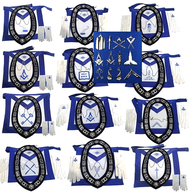 #ad Masonic Blue Lodge Officer Aprons Chain Collar with jewelGlove Set Pack of 12 $339.99