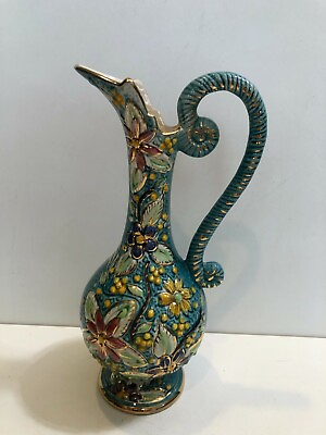 #ad VTG H Bequet Belgium Floral Turquoise Gold Pitcher 13quot; Tall 7quot; Widest Repaired $59.99
