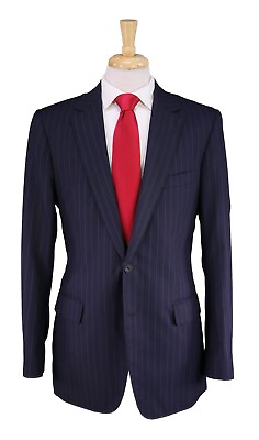 #ad A Man Hing Cheong Bespoke Navy Blue Chalkstripe 2 Btn Wool Suit 38L $129.00