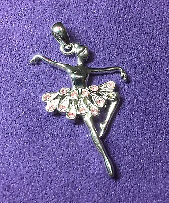 #ad Ballerina Necklace Small Metal Pendant With Pink Crystals Dancing Ballerina $9.99