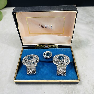 #ad Swank Cuff Link And Tie Tack Rare Vintage With Box Beautiful Blue Stones $13.99