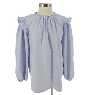 #ad St Johns Bay Shirt Blue Stripe Floral Embroidered Ruffle Long Sleeve Top 2XL $18.95