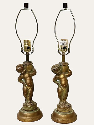 #ad Pair Of Art Deco Metal Putti Figural Lamps 15” Gold Applied Verdigris Patina $99.99