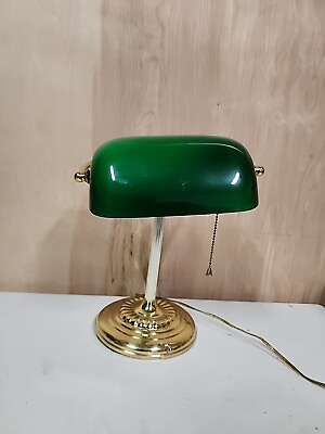 #ad Vintage Brass Bankers Desk Lamp Green Emerald Glass Shade $55.00