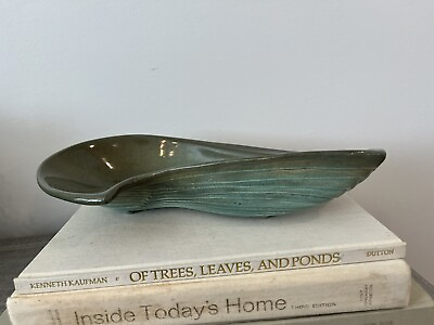 #ad Vintage Mid Century Modern Green Pottery Elongated Wavy Bowl. No Makers Mark $40.00