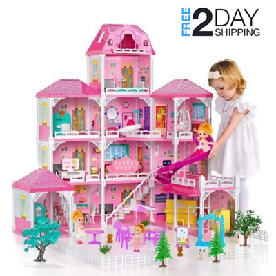 #ad TEMI Doll House Dreamhouse for Girls 4 Story 12 Rooms Playhouse with 2 Dolls* $129.95