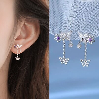 #ad Crystal Moon Butterfly Tassel 925 Silver Earrings Stud Dangle Wedding Women C $2.31