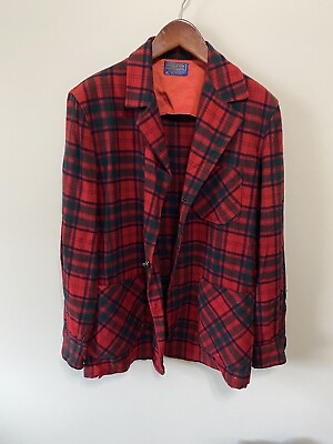 #ad Vintage Pendleton Womens Blazer Chore Jacket Wool Red Black Plaid Tartan Large $39.97