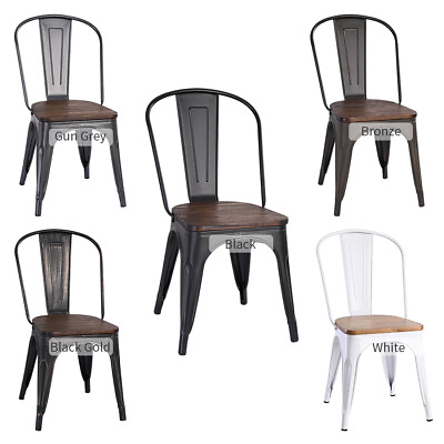 #ad Set of 4 Metal Dining Chairs w Wood Seat Stackable Side Chair for Kitchen Bistro $144.95