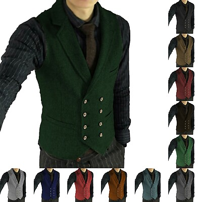 #ad Mens Tweed Waistcoat Vests Vintage Double Breasted Herringbone Retro Vests $32.98