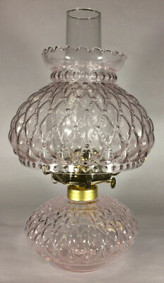#ad New Complete Pink Crystal Glass Diamond Quilted Oil Lamp w ShadeChimneyBurner $129.95